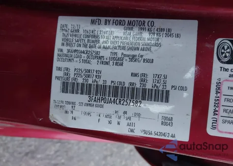 2012 Ford Fusion Sel из США, поврежденный, VIN 3FAHP0JA4CR257582